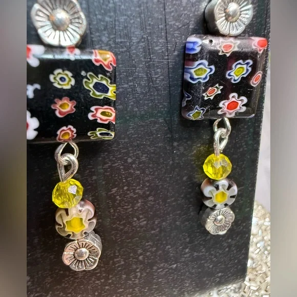 Artisan Murano Millefiori and Yellow Crystal Beaded Earrings - Picture 5 of 5
